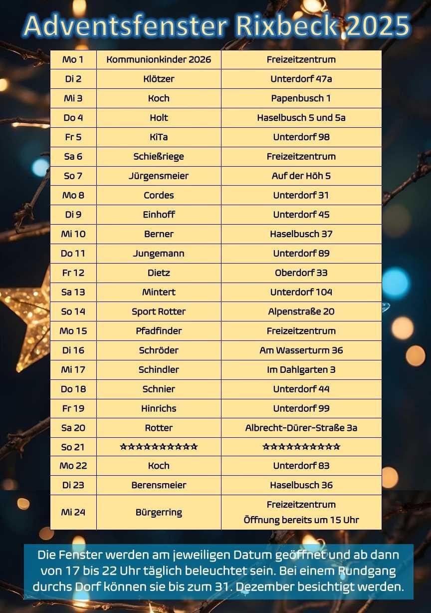 Rixbecker Adventskalender 2025 Rixbecker Adventskalender 2025