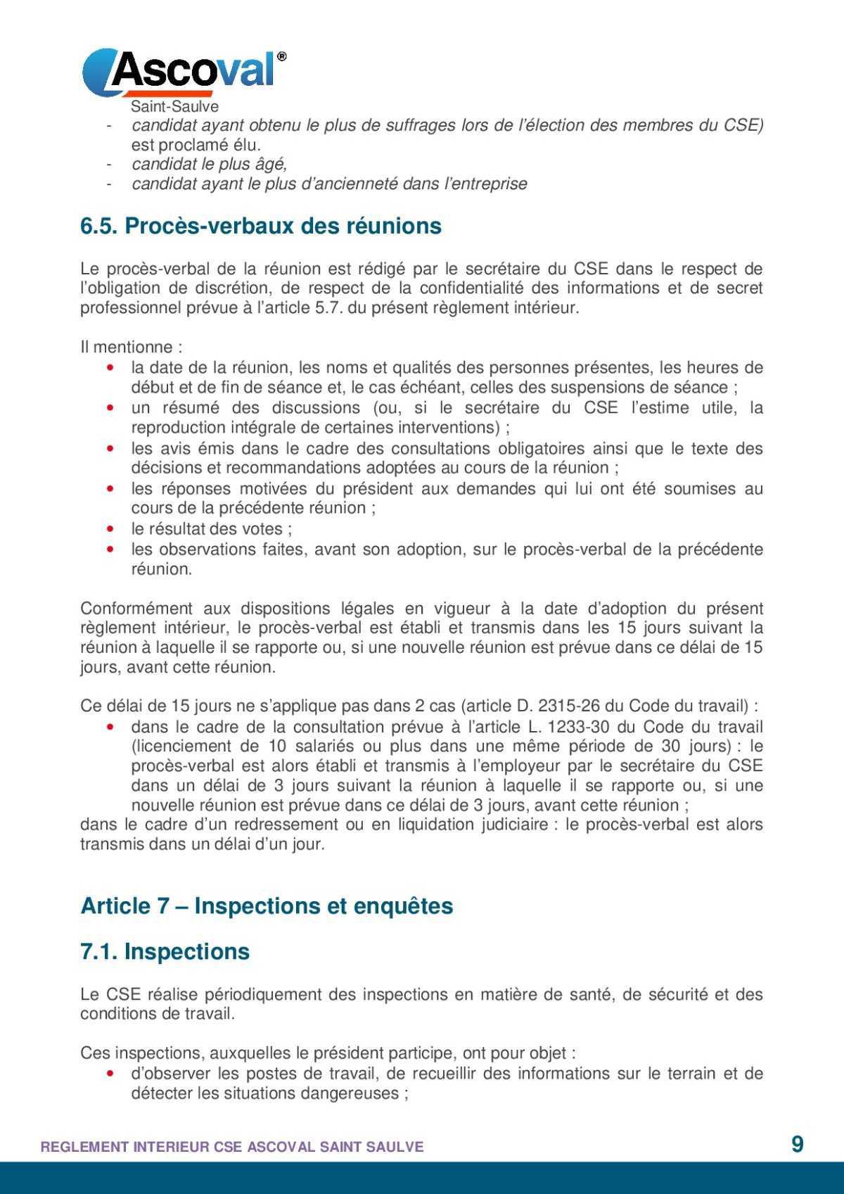 règlement intérieur 