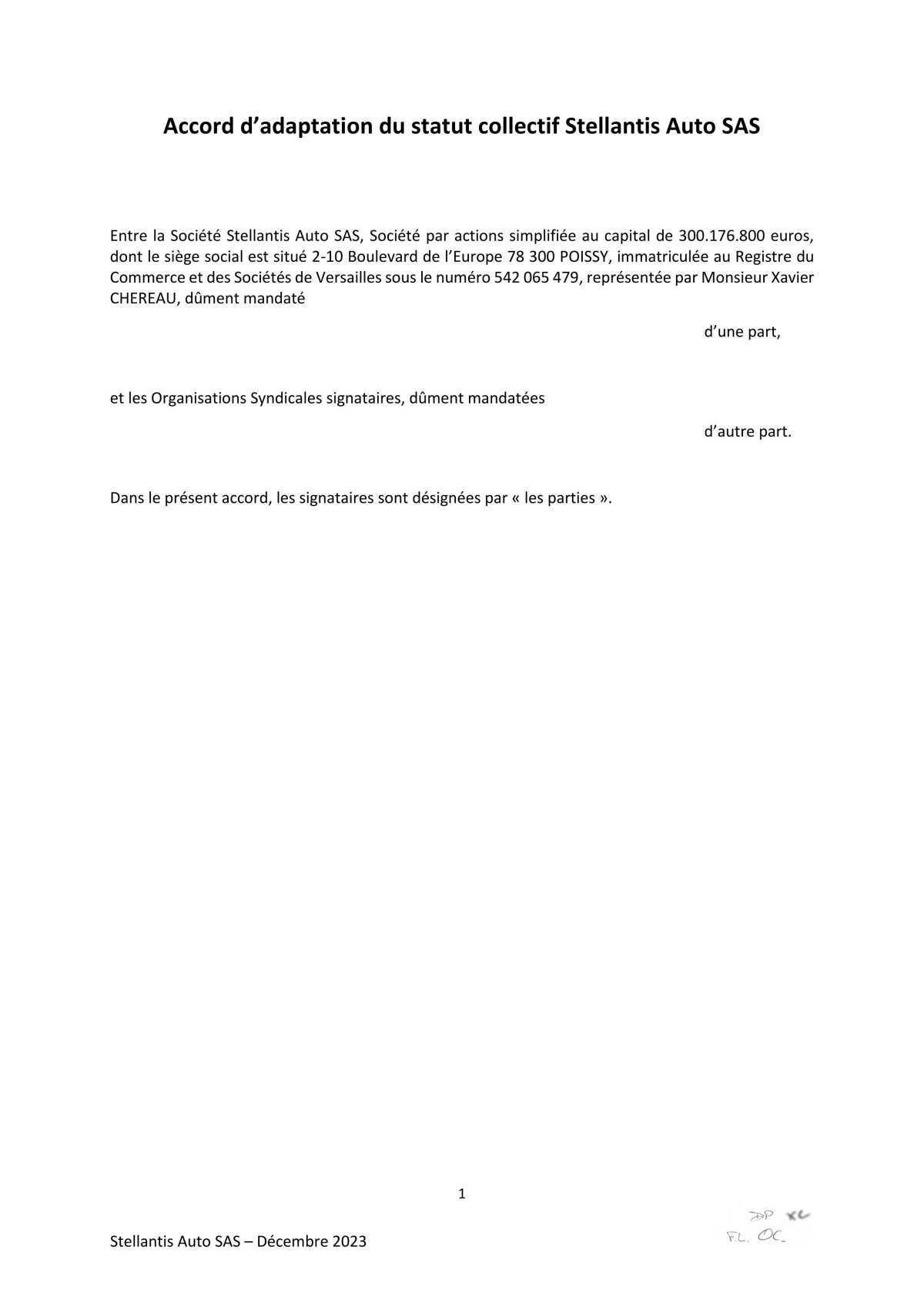 Accord d’adaptation du statut collectif Stellantis Auto SAS