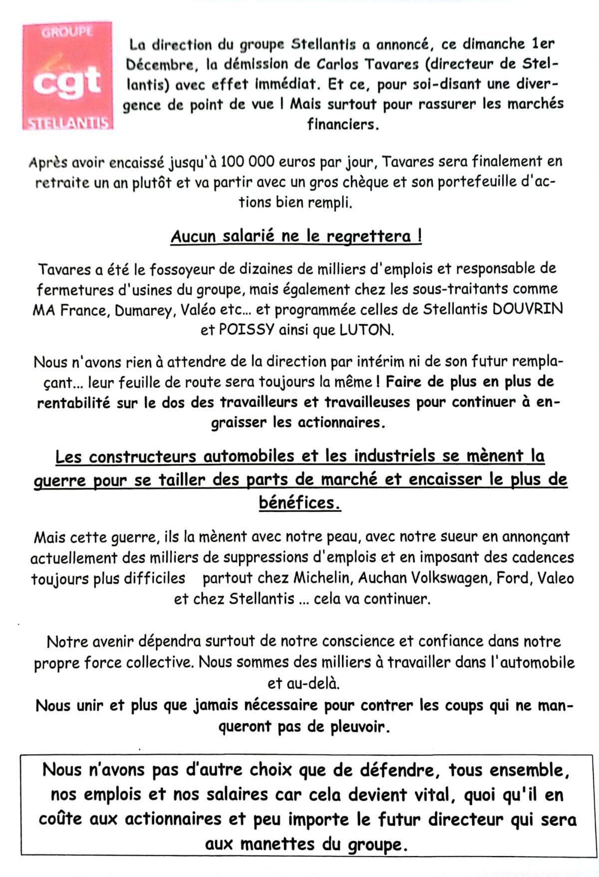 tract Groupe CGT Stellantis départ de Carlos Tavares 