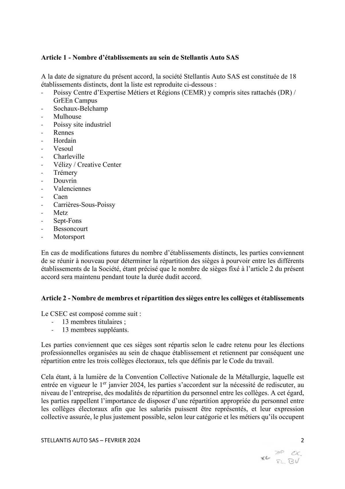 Protocole d'accord sur la composition du Comité Social et Economique Central de Stellantis Auto SAS