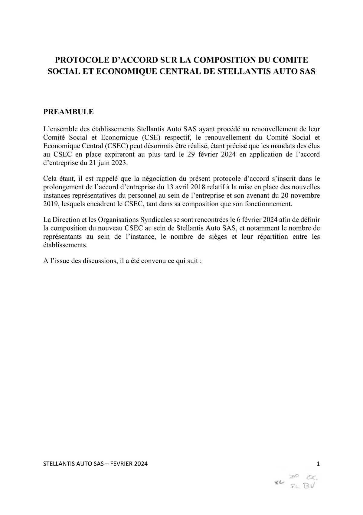 Protocole d'accord sur la composition du Comité Social et Economique Central de Stellantis Auto SAS