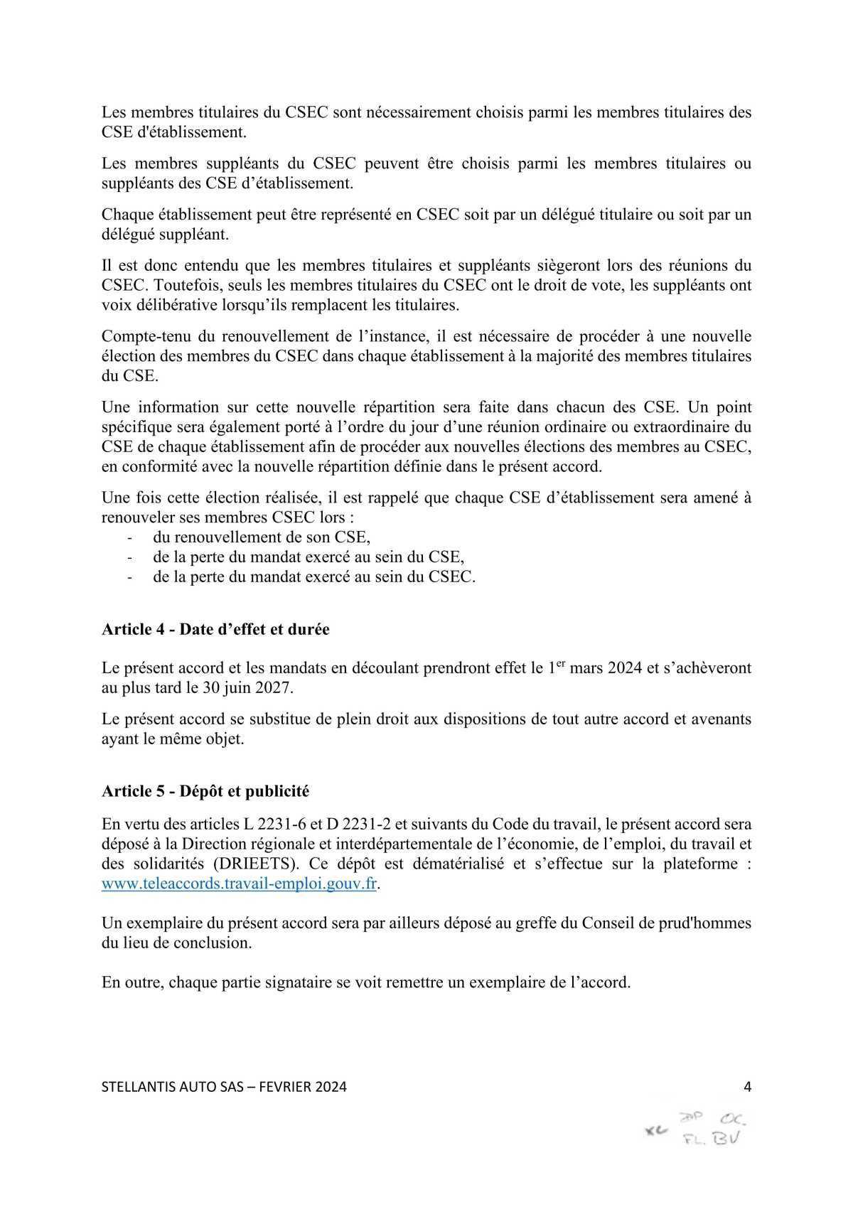 Protocole d'accord sur la composition du Comité Social et Economique Central de Stellantis Auto SAS