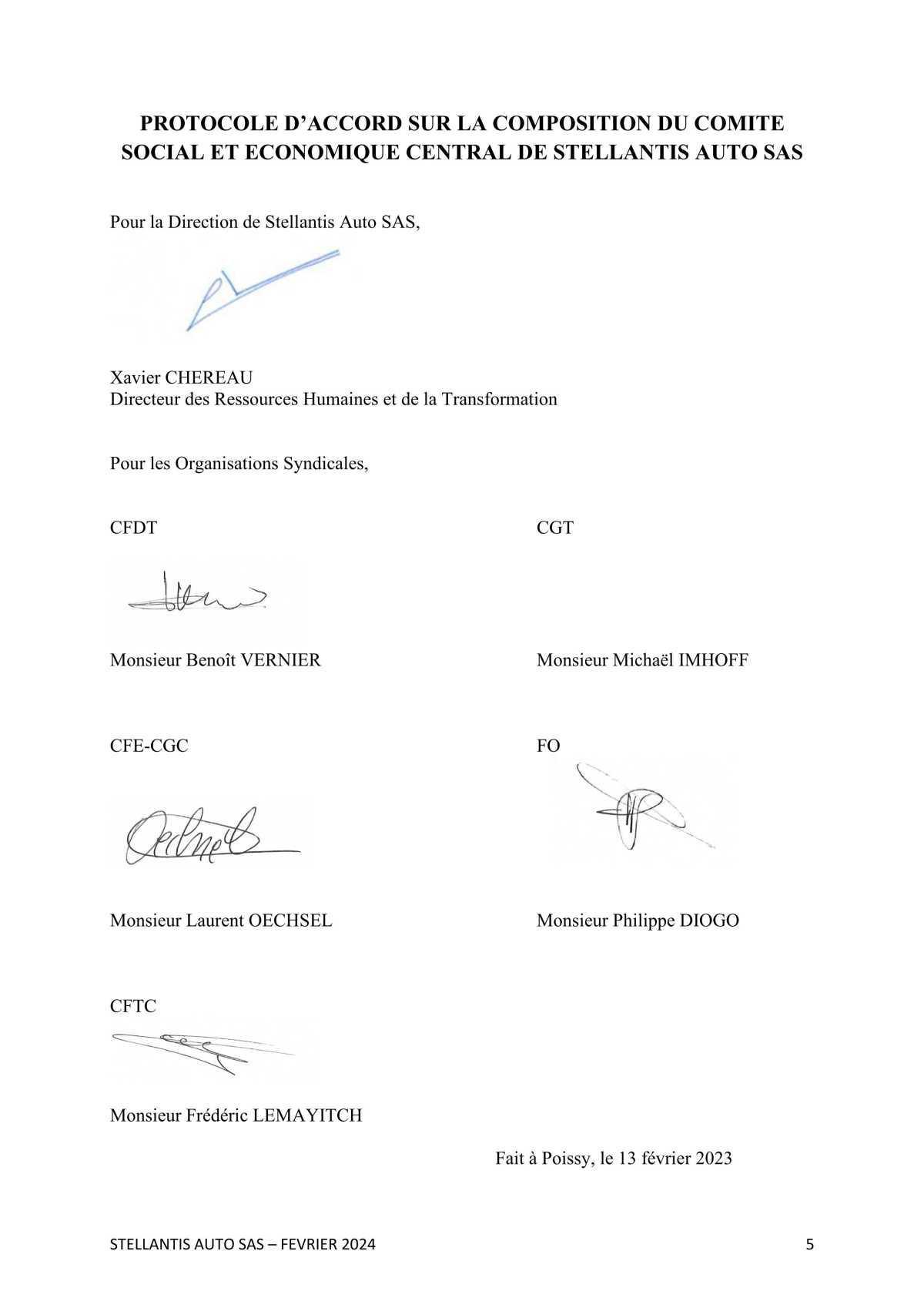 Protocole d'accord sur la composition du Comité Social et Economique Central de Stellantis Auto SAS