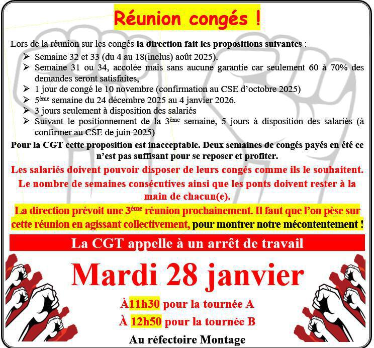 Tract 2025 - S 05 - NAO : Salaires, Congés : La direction se moque de nous ! Tract 2025 - S 05 - NAO : Salaires, Congés : La direction se moque de nous !
