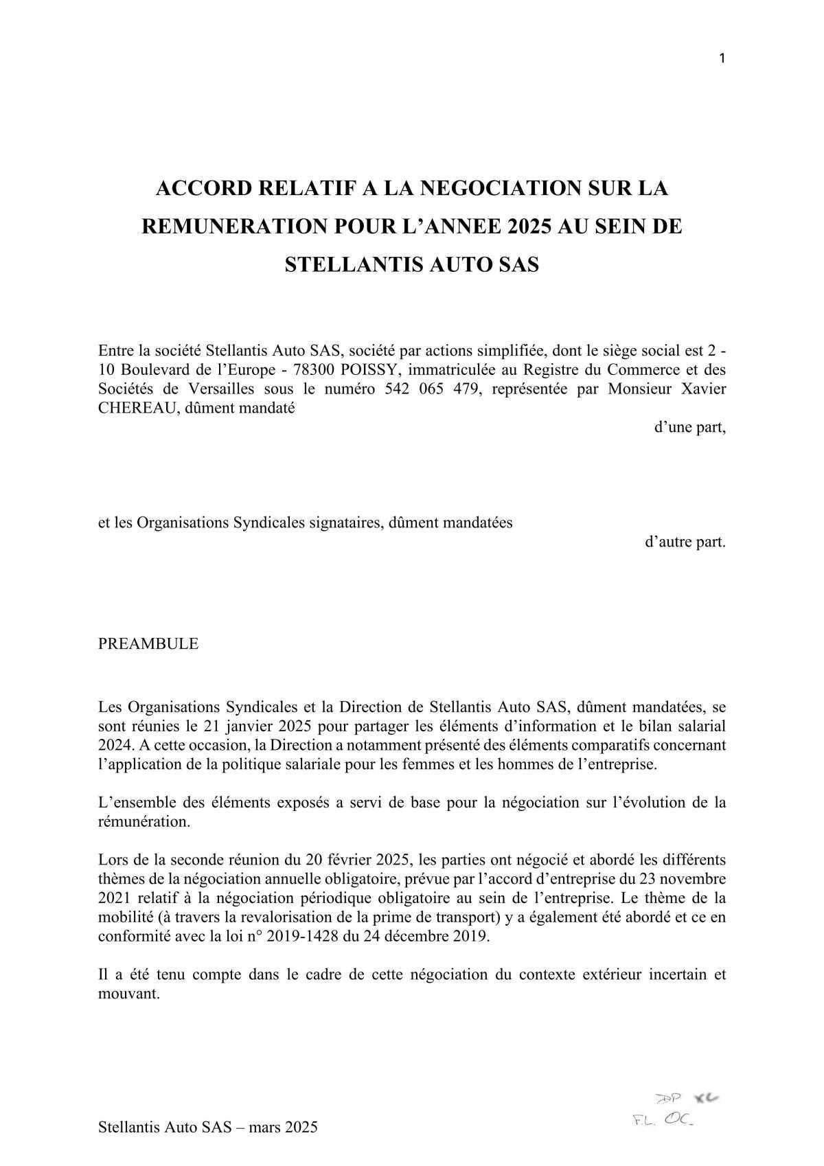 Accord relatif à la négociation sur la rémunération pour l'année 2025 au sein de STELLANTIS AUTO SAS