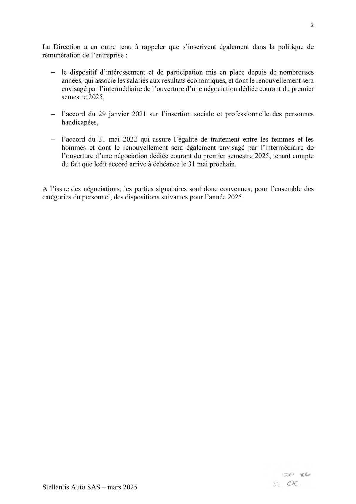 Accord relatif à la négociation sur la rémunération pour l'année 2025 au sein de STELLANTIS AUTO SAS