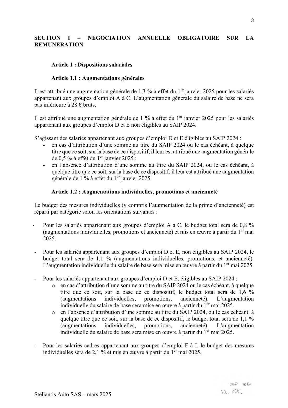 Accord relatif à la négociation sur la rémunération pour l'année 2025 au sein de STELLANTIS AUTO SAS