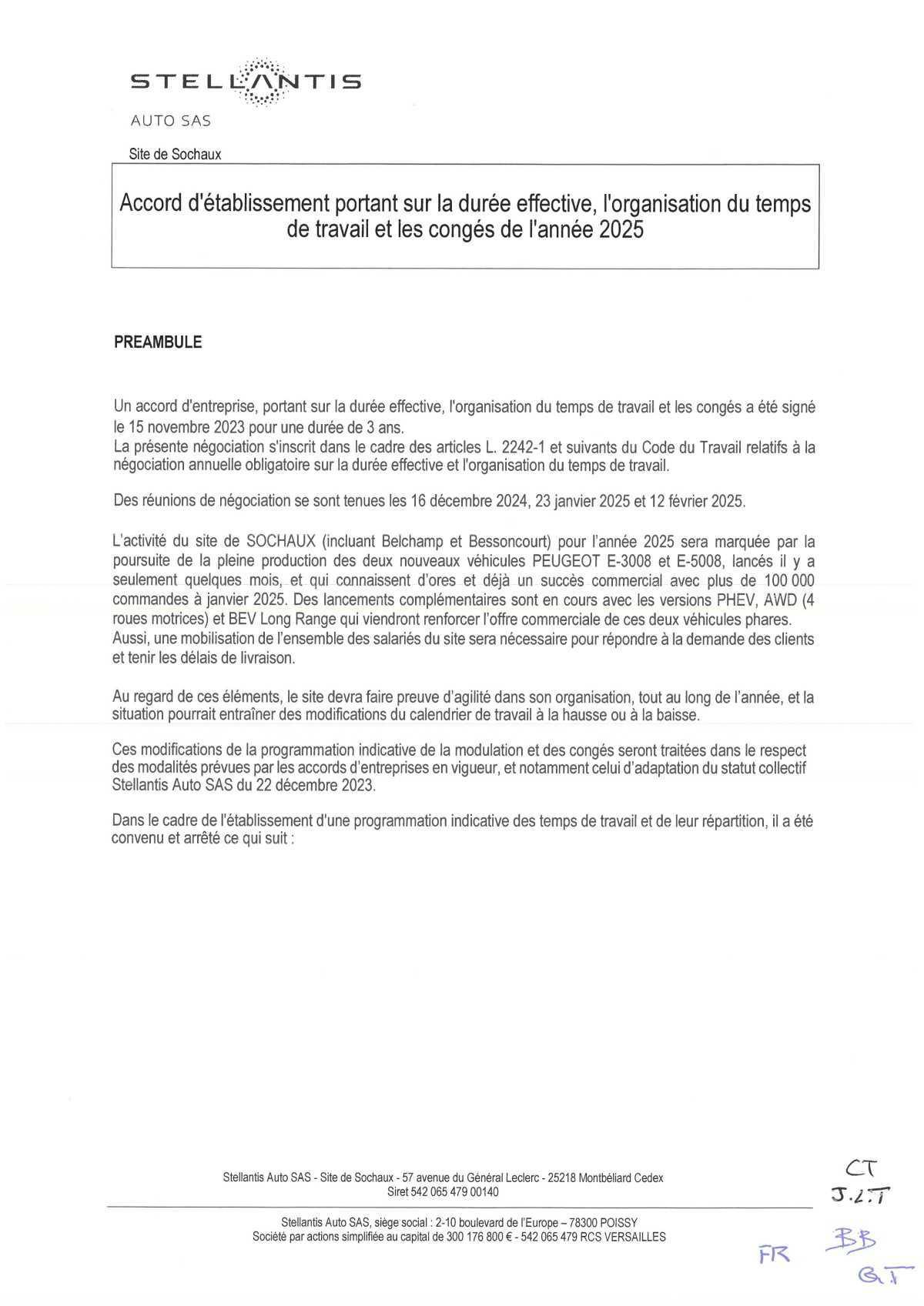 Accord d'établissement portant sur la durée effective, l'organisation du temps de travail et les congés 2025.