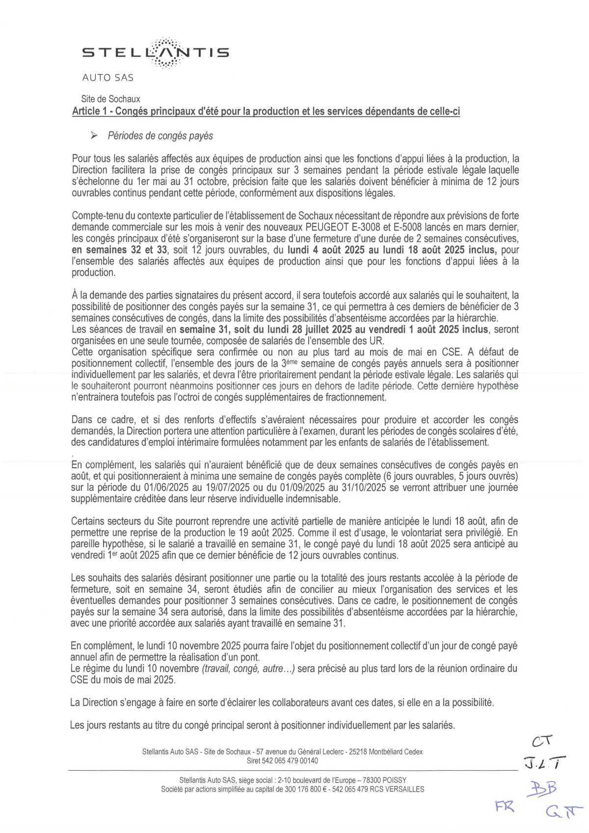 Accord d'établissement portant sur la durée effective, l'organisation du temps de travail et les congés 2025.