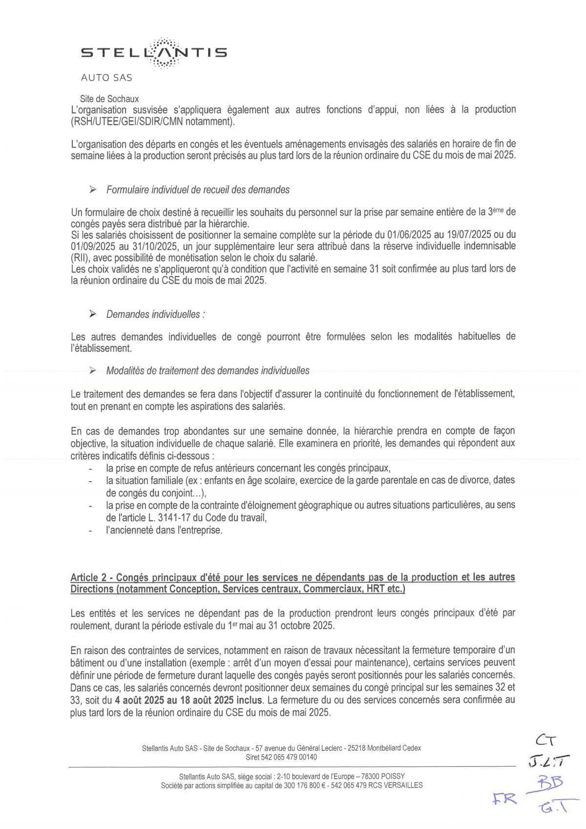 Accord d'établissement portant sur la durée effective, l'organisation du temps de travail et les congés 2025.