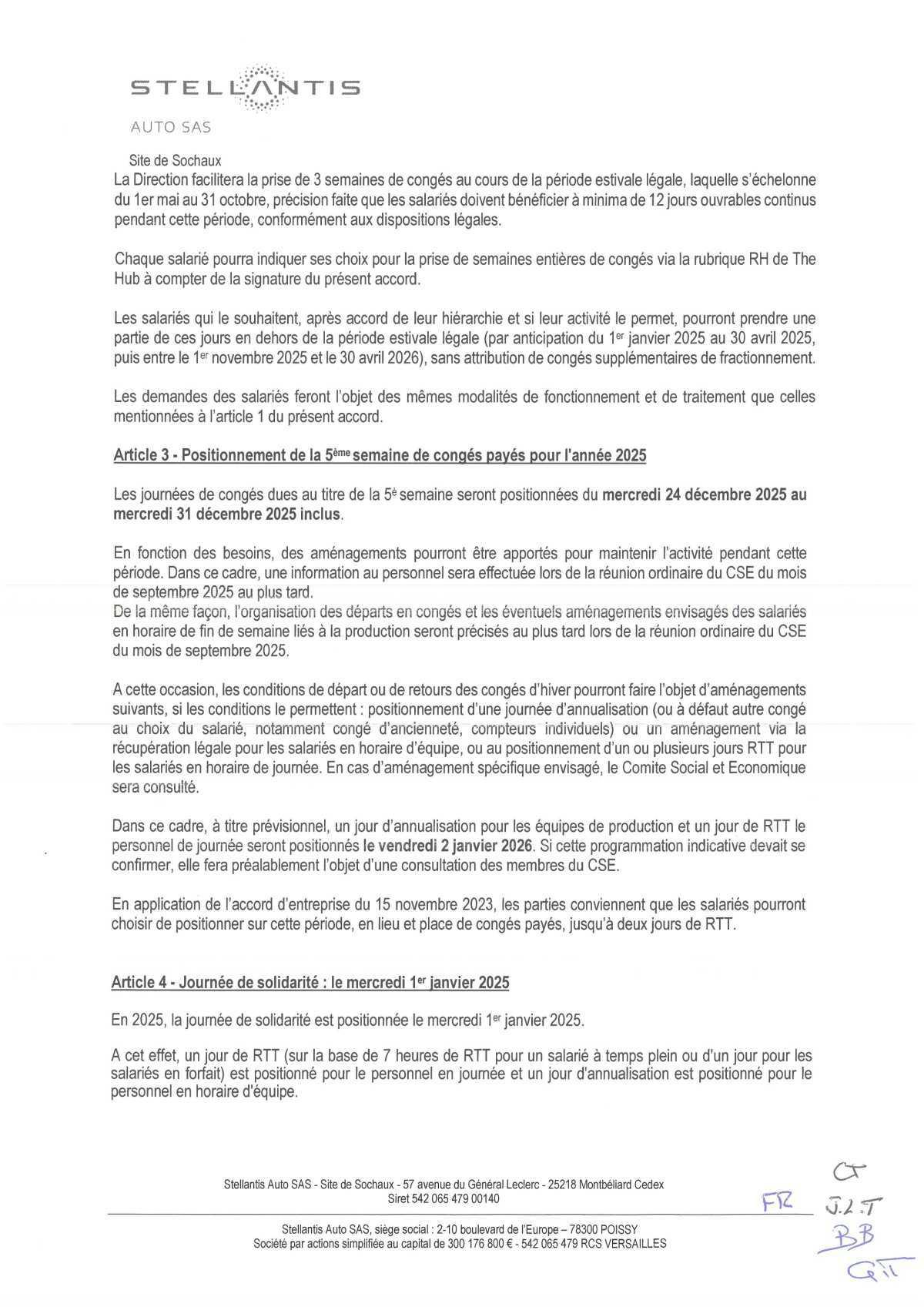 Accord d'établissement portant sur la durée effective, l'organisation du temps de travail et les congés 2025.
