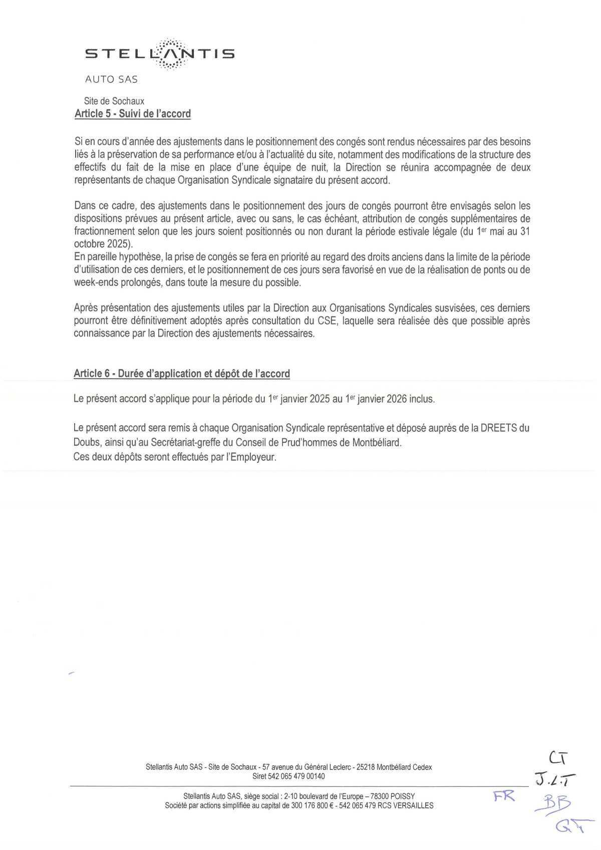 Accord d'établissement portant sur la durée effective, l'organisation du temps de travail et les congés 2025.