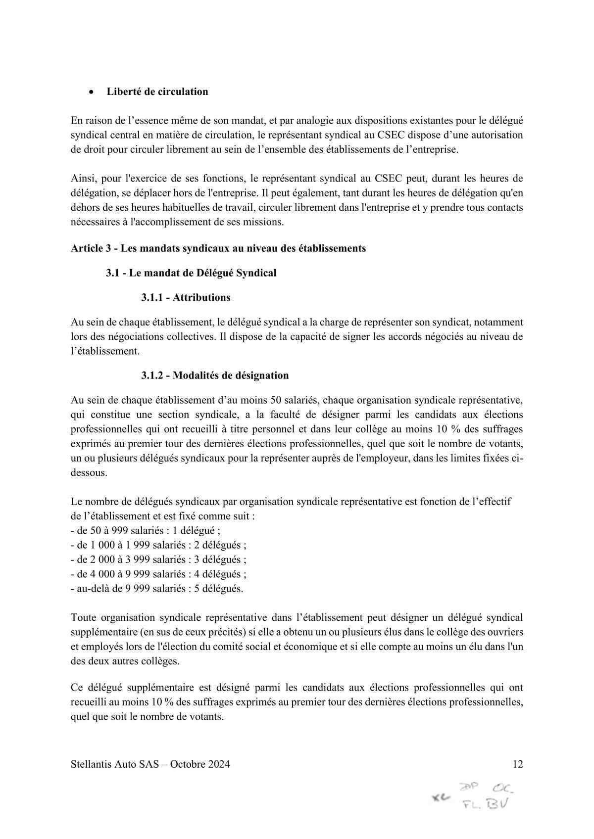 Accord STELLANTIS AUTO SAS portant sur le droit syndical