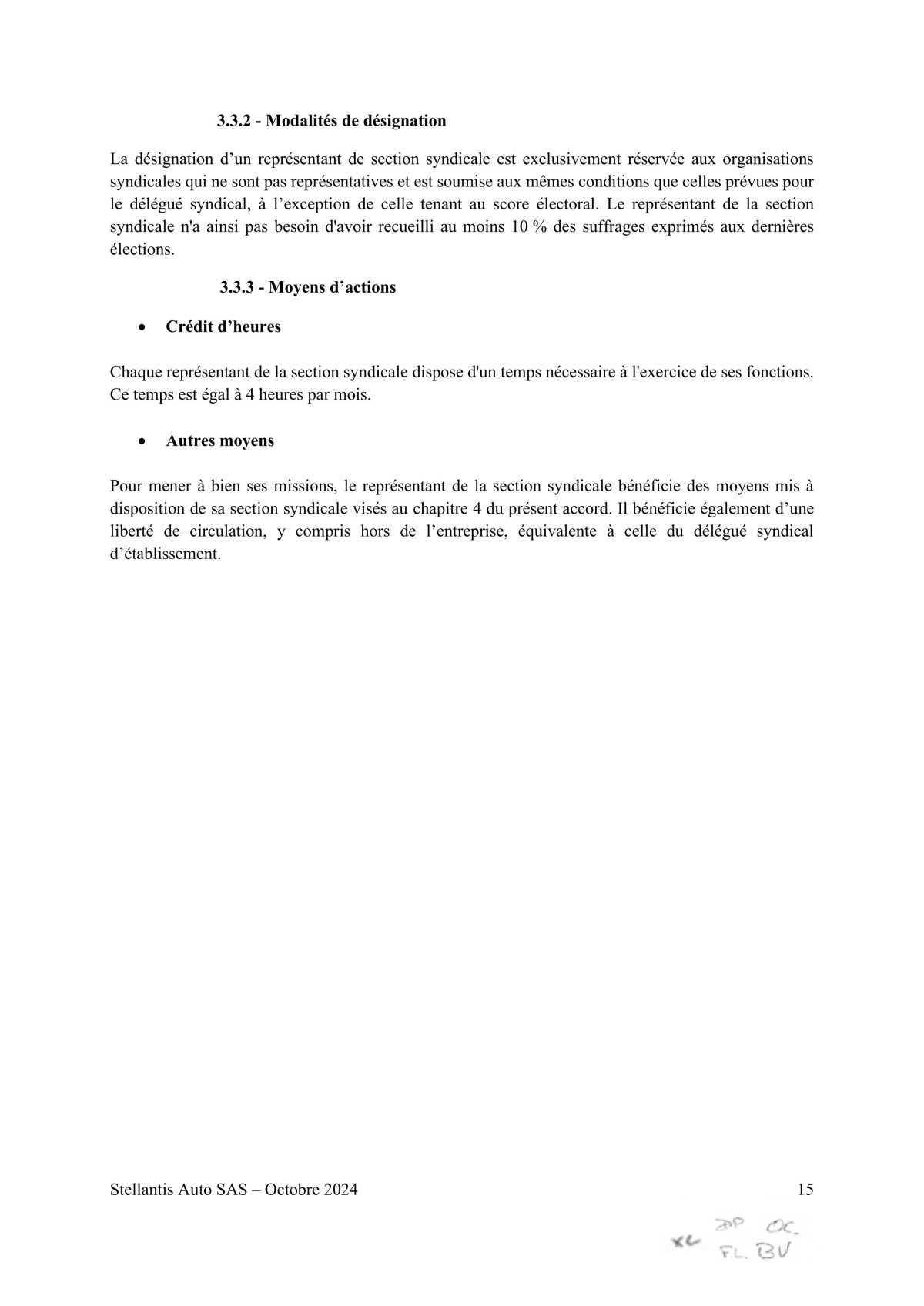 Accord STELLANTIS AUTO SAS portant sur le droit syndical