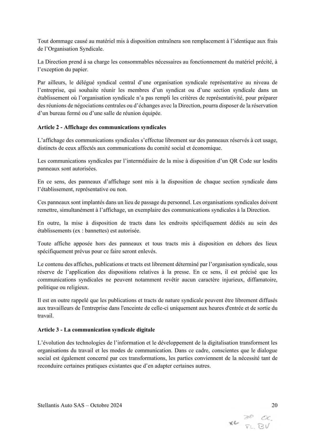 Accord STELLANTIS AUTO SAS portant sur le droit syndical
