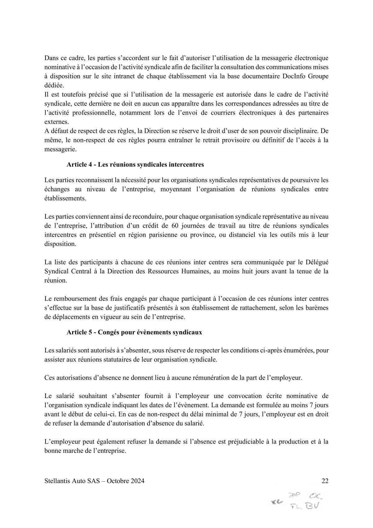 Accord STELLANTIS AUTO SAS portant sur le droit syndical
