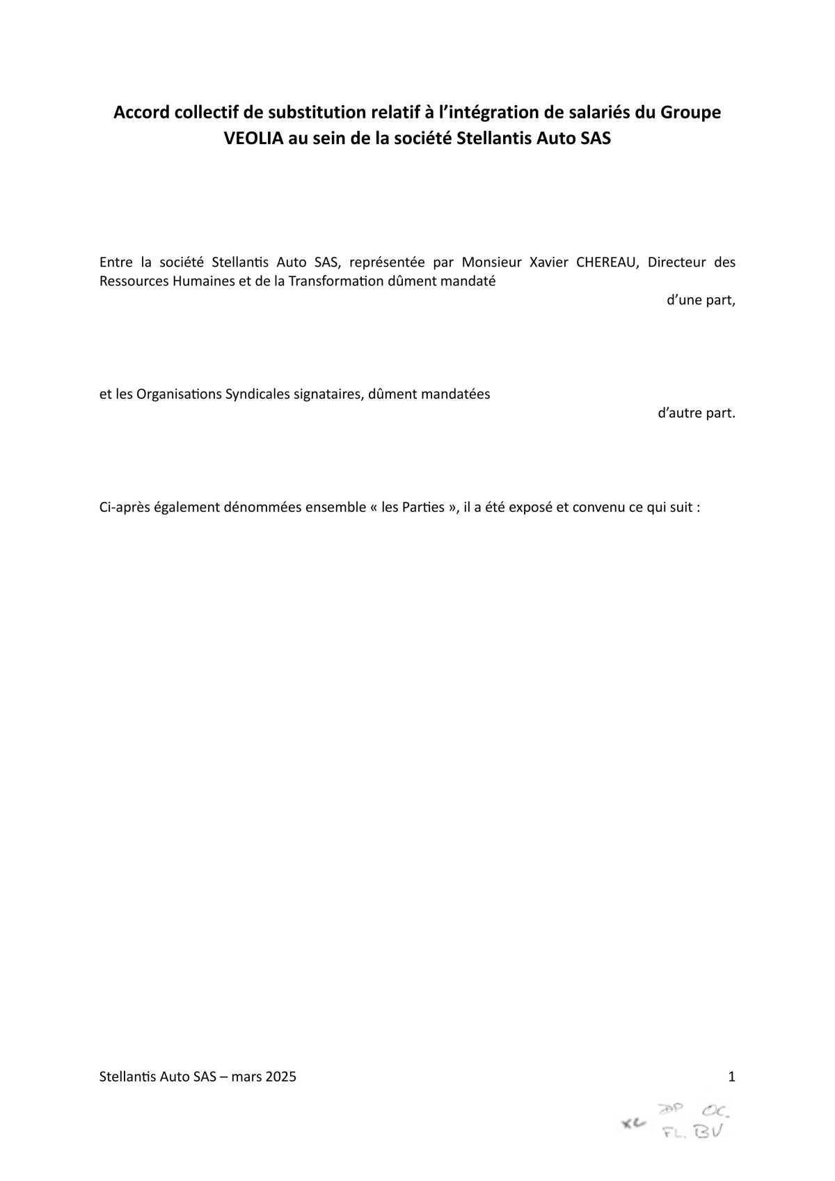 Accord collectif de substitution relatif à l'intégration de salariés du Groupe VEOLIA au sein de la société Stellantis Auto SAS
