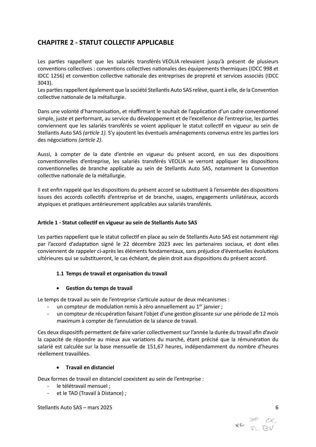 Accord collectif de substitution relatif à l'intégration de salariés du Groupe VEOLIA au sein de la société Stellantis Auto SAS