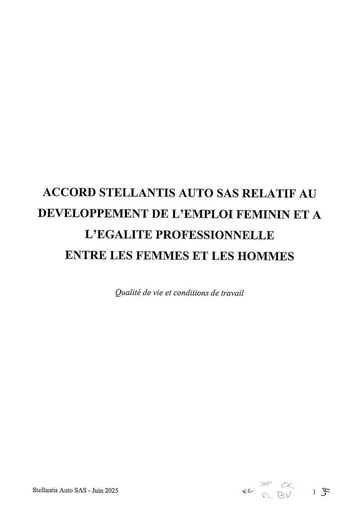 Accord Stellantis AUTO SAS relatif au développement de l'emploi féminin et à l'égalité professionnelle entre les Femmes et les Hommes 