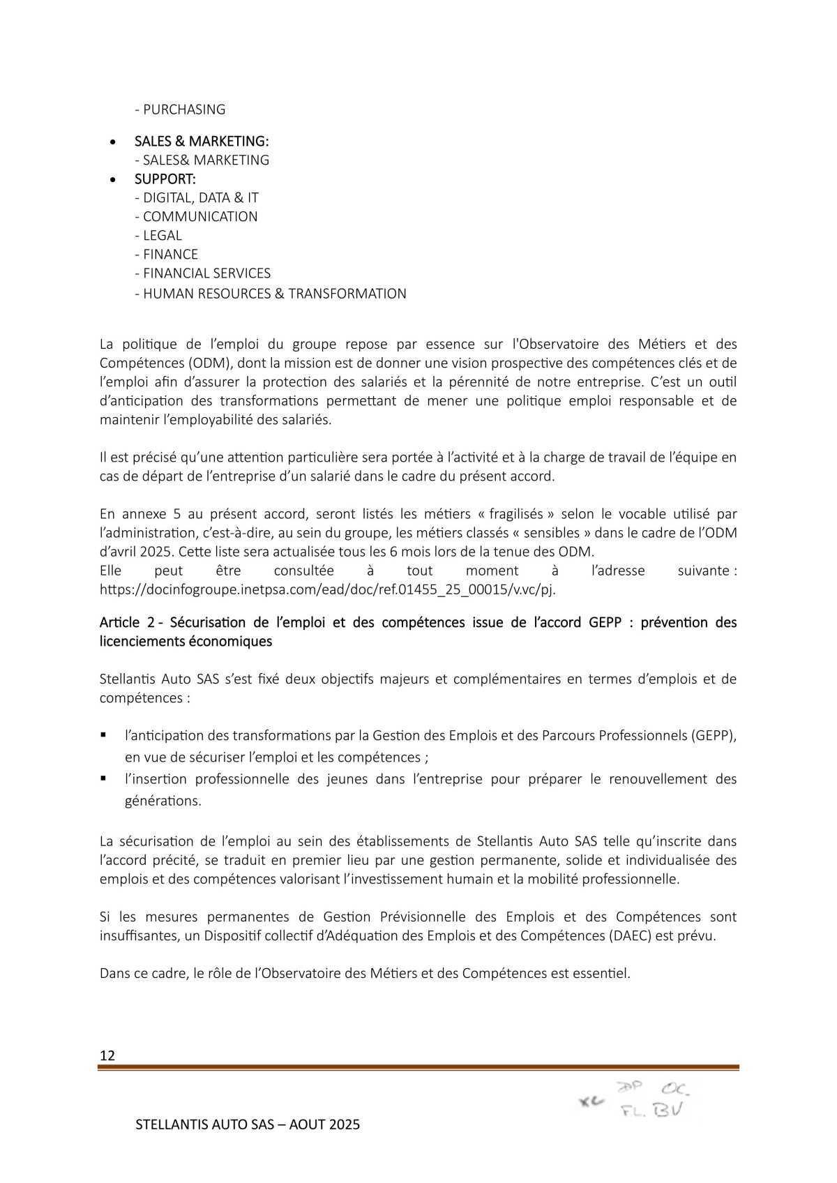 Accord Stellantis Auto SAS 2025-2026 relatif à la gestion des emplois et des parcours professionnels et aux ruptures conventionnelles collectives