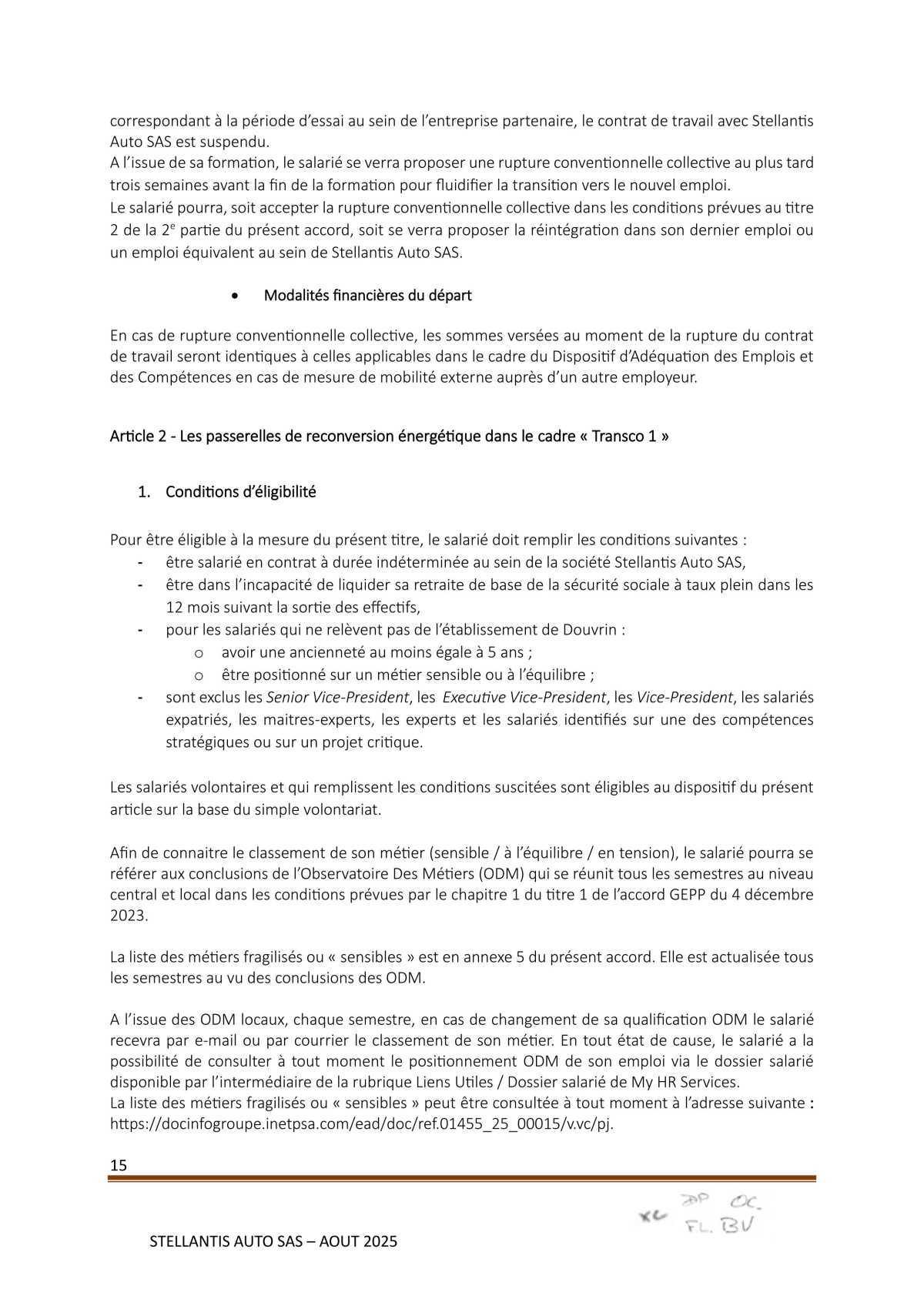 Accord Stellantis Auto SAS 2025-2026 relatif à la gestion des emplois et des parcours professionnels et aux ruptures conventionnelles collectives