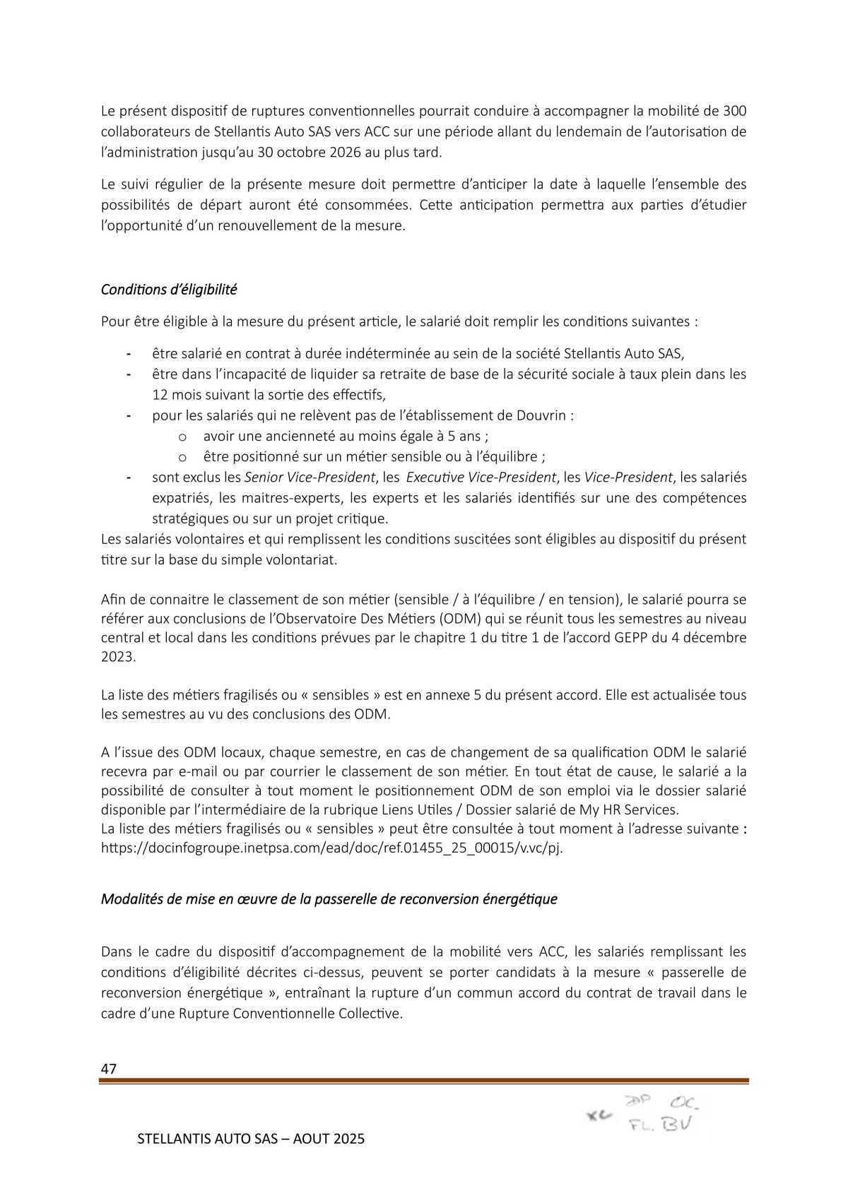 Accord Stellantis Auto SAS 2025-2026 relatif à la gestion des emplois et des parcours professionnels et aux ruptures conventionnelles collectives