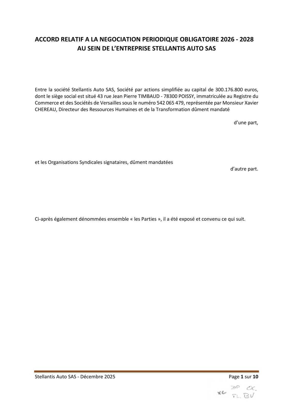 Accord relatif à la négociation périodique obligatoire 2026-2028 au sein de l'entreprise Stellantis Auto SAS