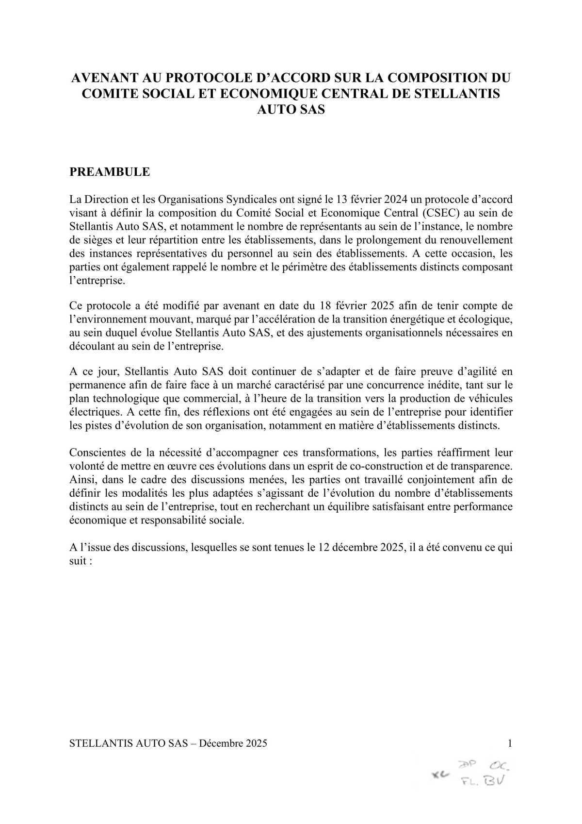 Avenant au protocole d'accord sur la composition du Comité Social et Economique Central de Stellantis Auto SAS