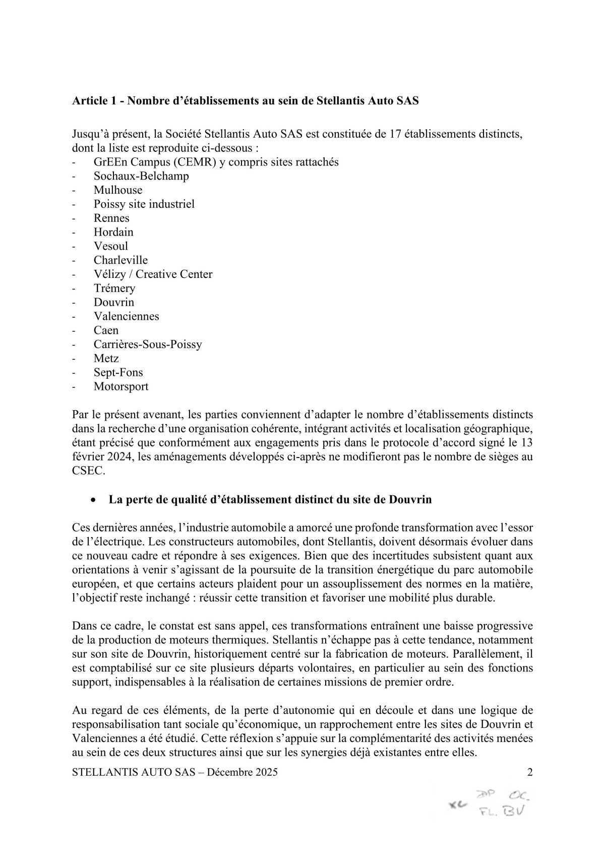Avenant au protocole d'accord sur la composition du Comité Social et Economique Central de Stellantis Auto SAS