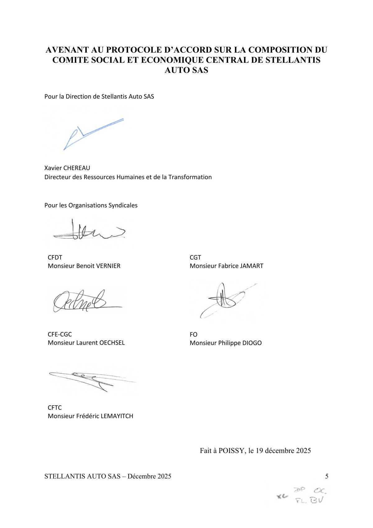 Avenant au protocole d'accord sur la composition du Comité Social et Economique Central de Stellantis Auto SAS
