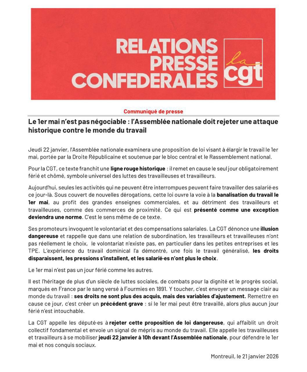 Le 1er mai n'est pas négociable : l'Assemblée nationale doit rejeter une attaque historique contre le monde du travail ! Le 1er mai n'est pas négociable : l'Assemblée nationale doit rejeter une attaque historique contre le monde du travail !
