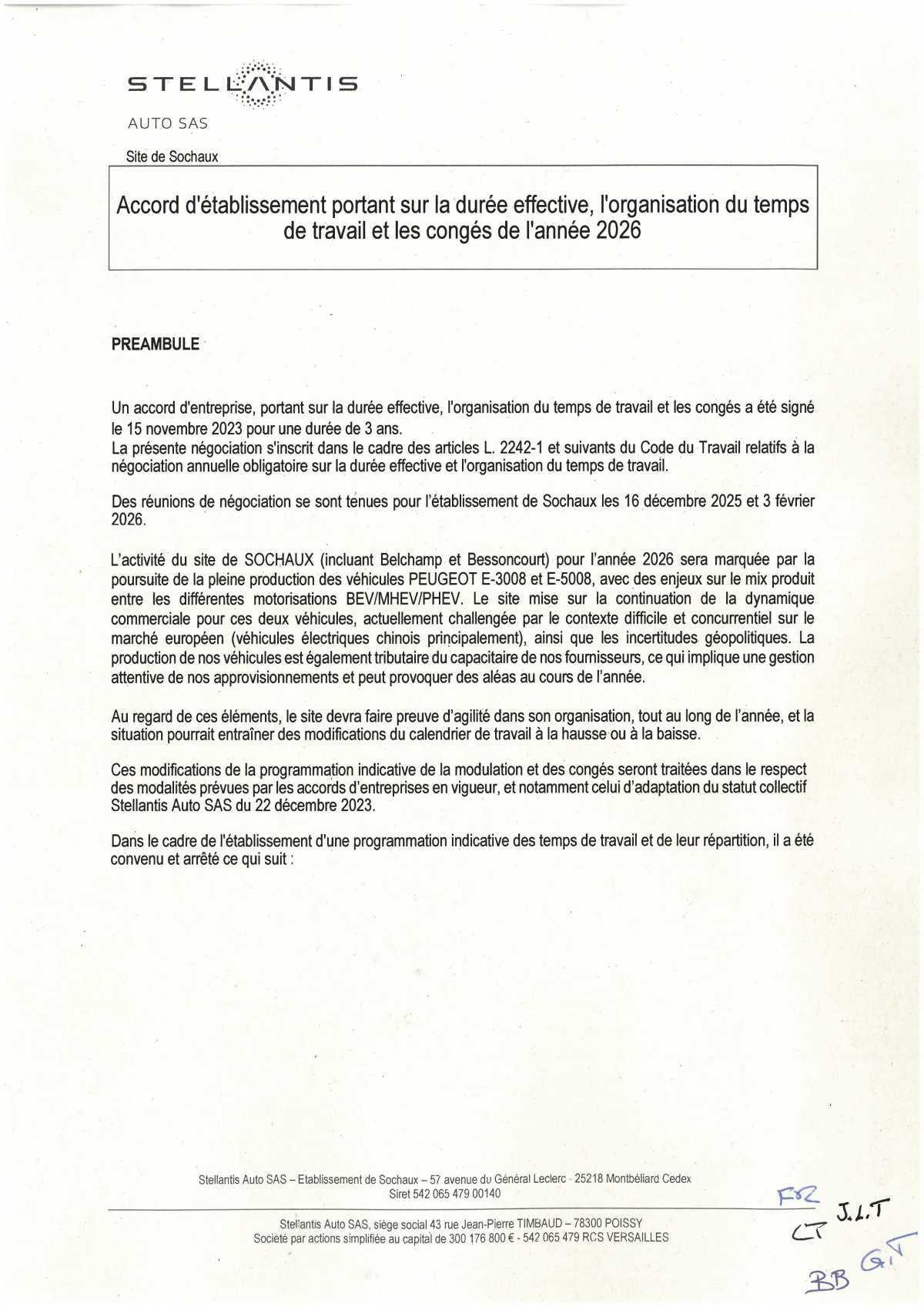 Accord d'établissement portant sur la durée effective, l'organisation du temps de travail et les congés de l'année 2026
