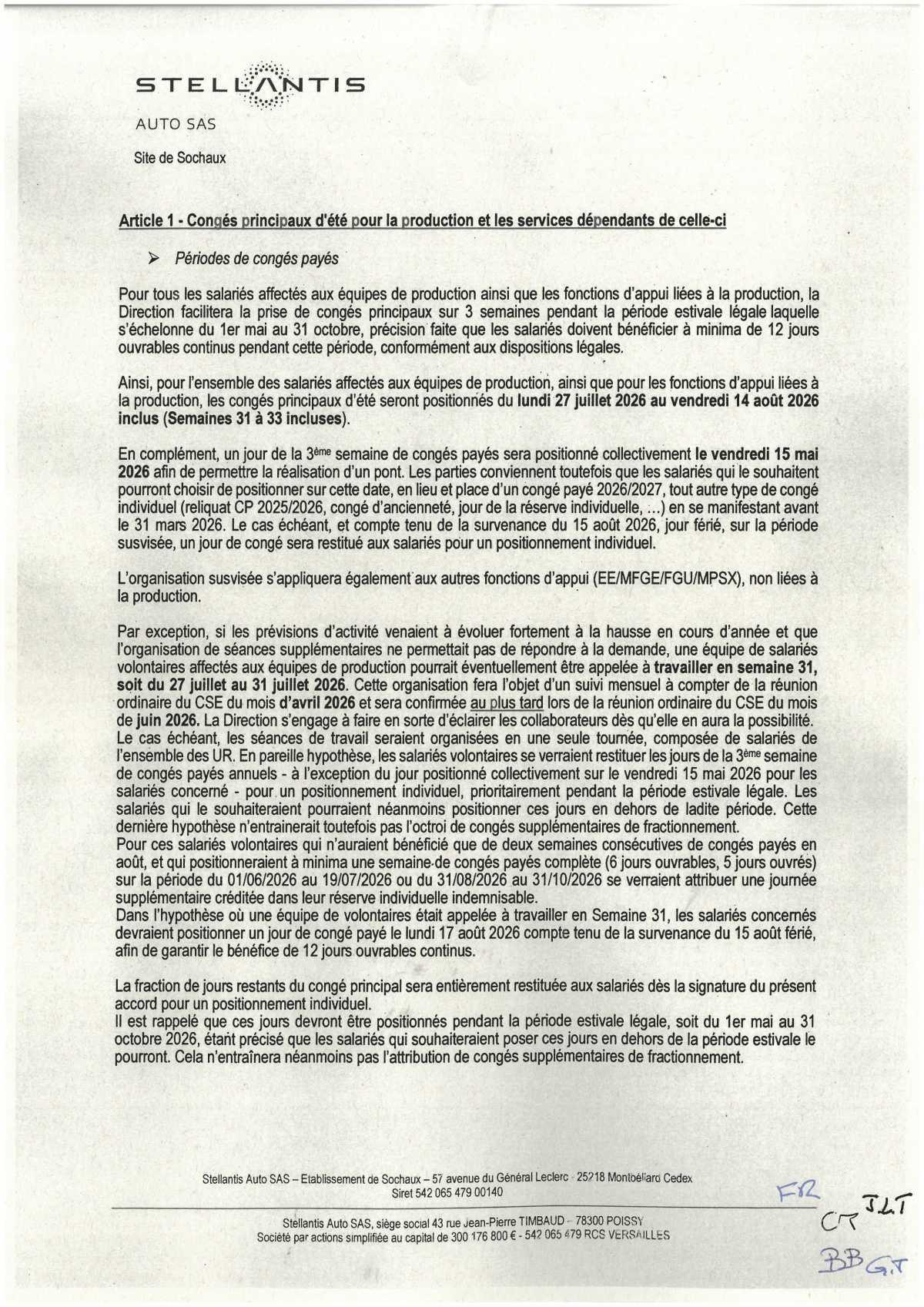 Accord d'établissement portant sur la durée effective, l'organisation du temps de travail et les congés de l'année 2026