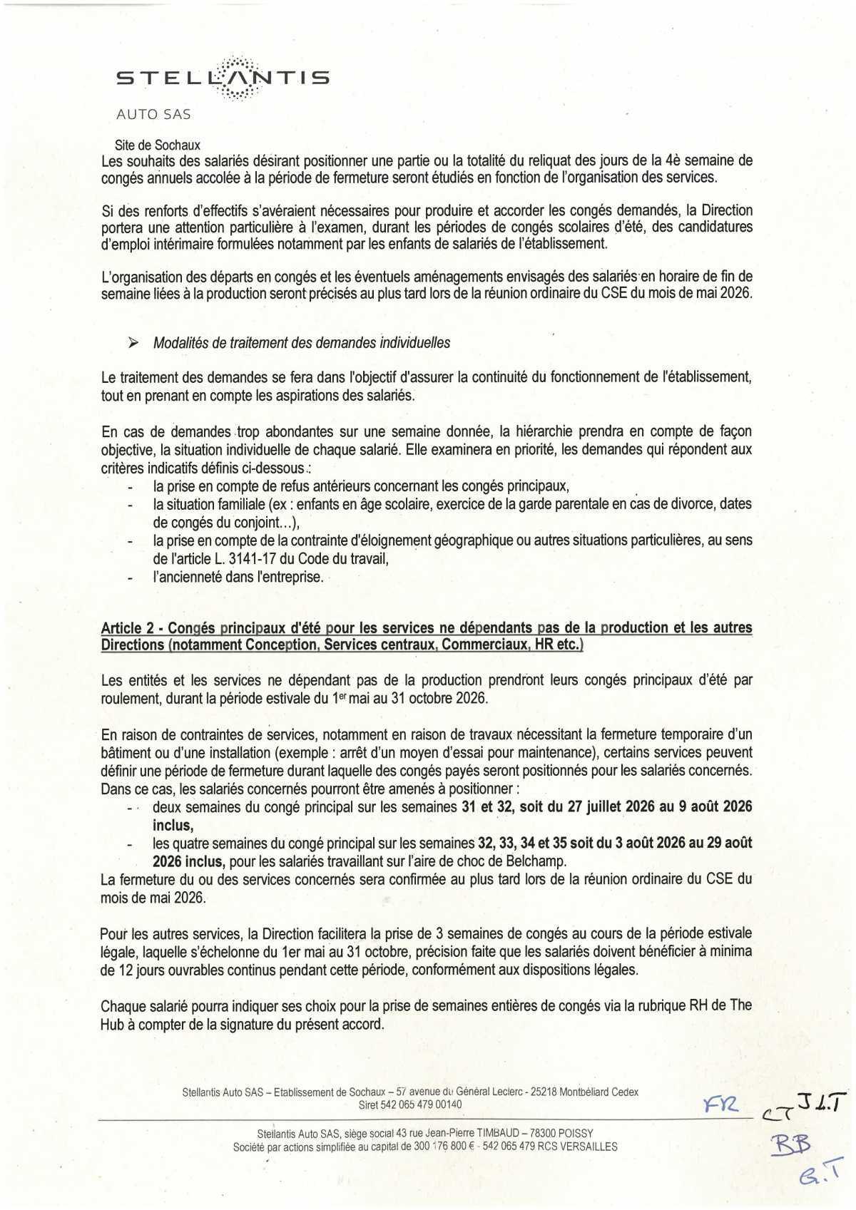 Accord d'établissement portant sur la durée effective, l'organisation du temps de travail et les congés de l'année 2026