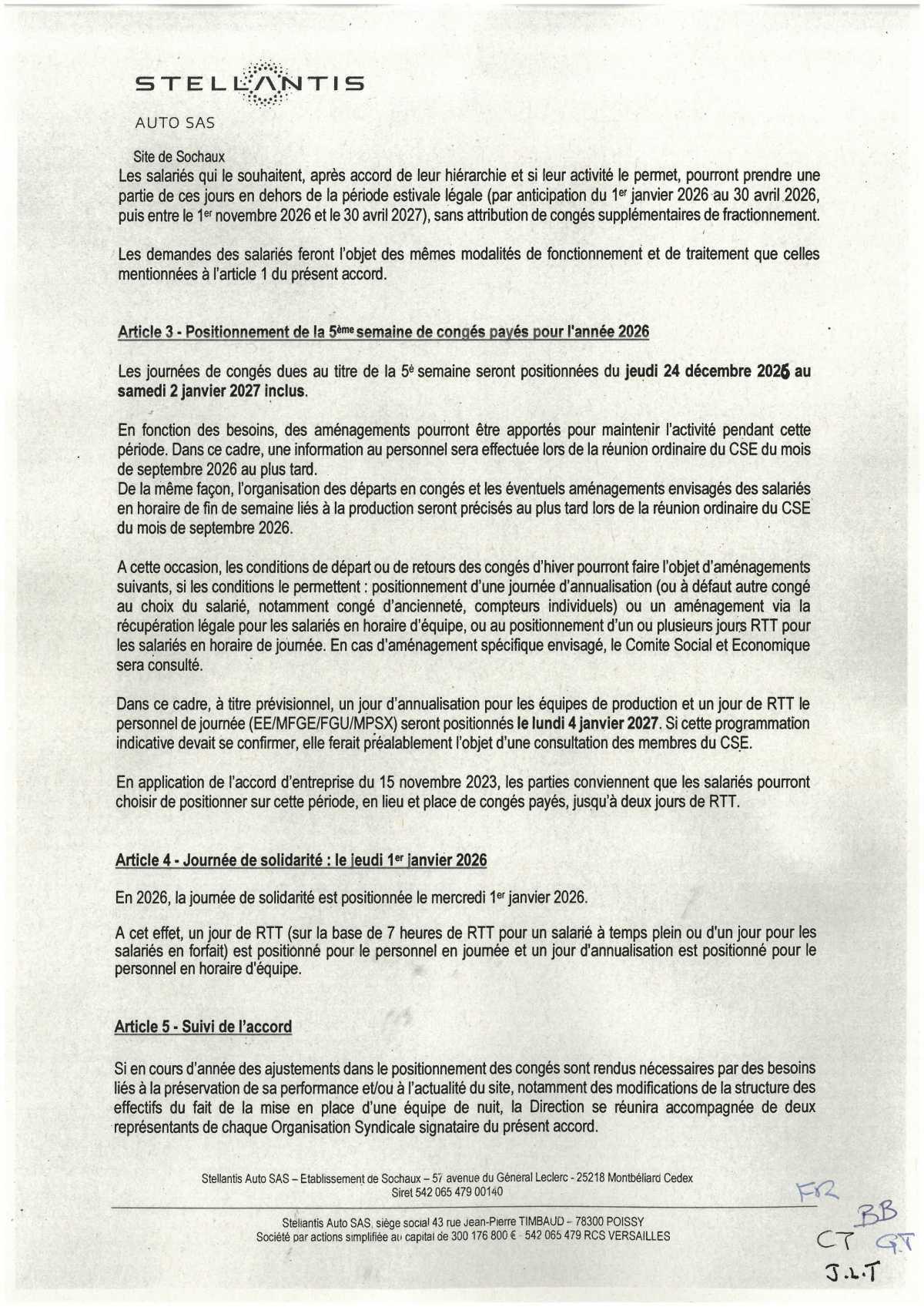 Accord d'établissement portant sur la durée effective, l'organisation du temps de travail et les congés de l'année 2026