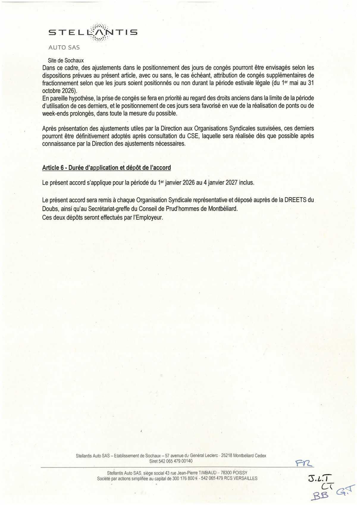 Accord d'établissement portant sur la durée effective, l'organisation du temps de travail et les congés de l'année 2026