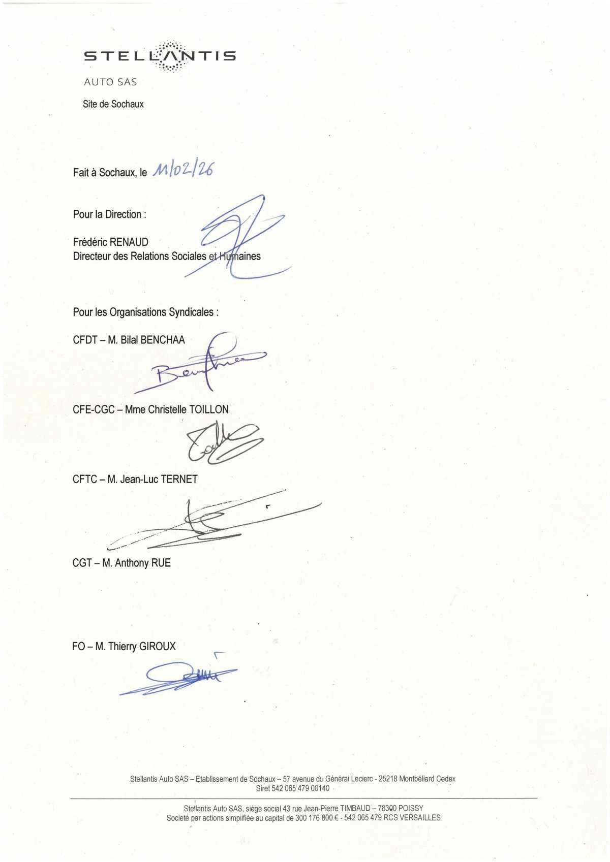 Accord d'établissement portant sur la durée effective, l'organisation du temps de travail et les congés de l'année 2026