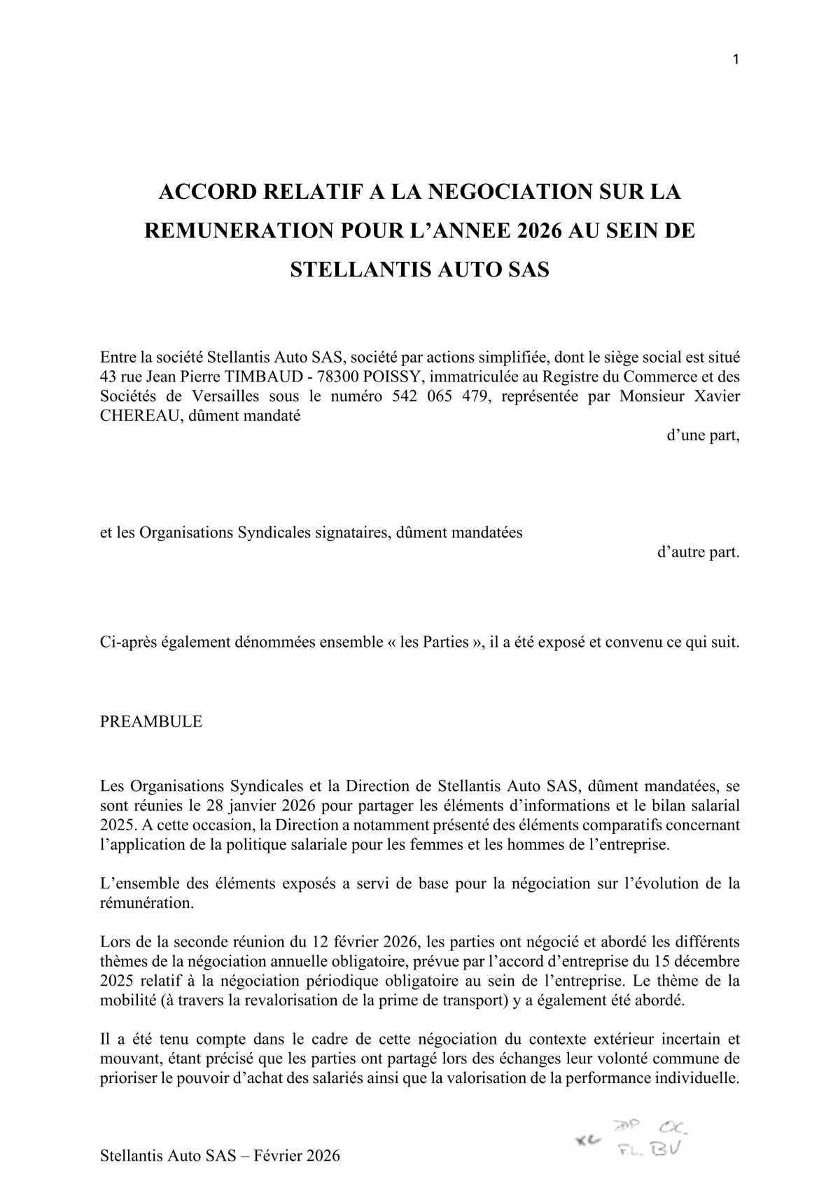 Accord relatif à la négociation sur la rémunération pour l'année 2026 au sein de Stellantis Auto SAS