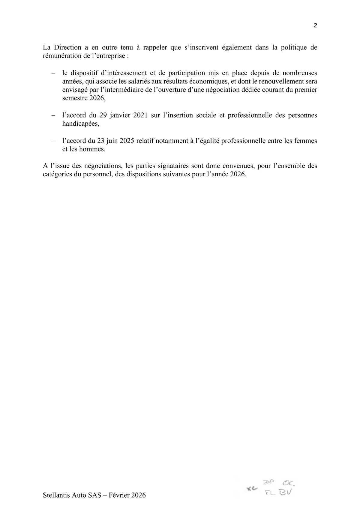 Accord relatif à la négociation sur la rémunération pour l'année 2026 au sein de Stellantis Auto SAS