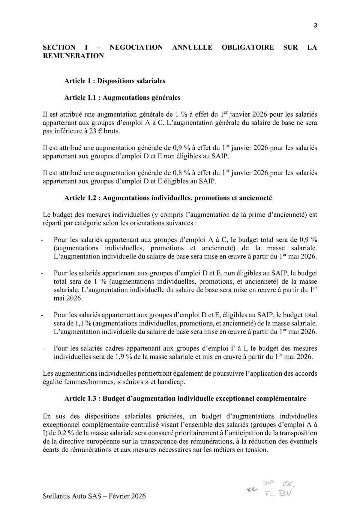 Accord relatif à la négociation sur la rémunération pour l'année 2026 au sein de Stellantis Auto SAS