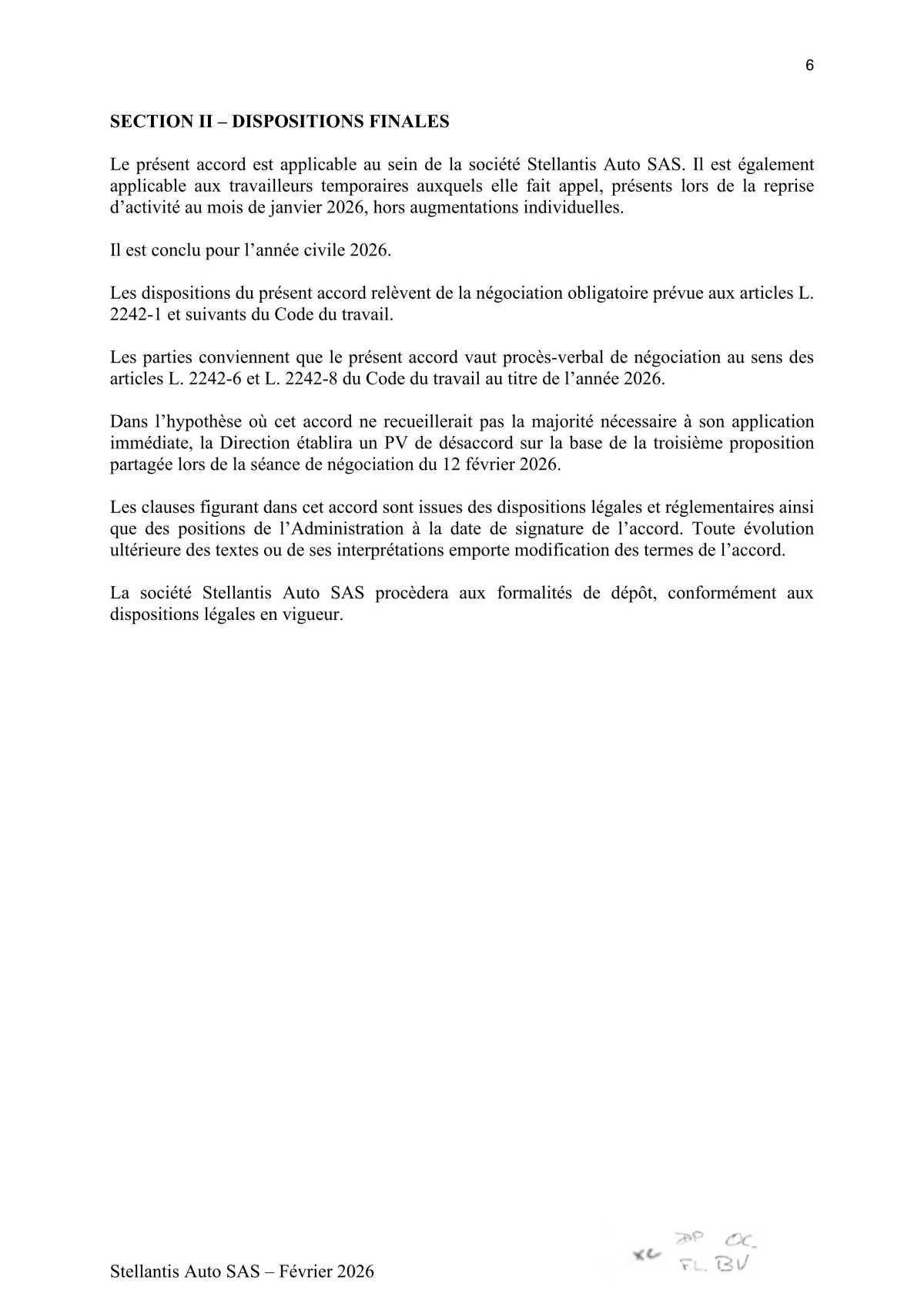 Accord relatif à la négociation sur la rémunération pour l'année 2026 au sein de Stellantis Auto SAS