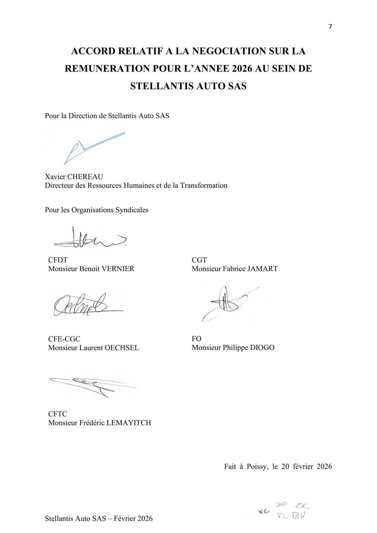 Accord relatif à la négociation sur la rémunération pour l'année 2026 au sein de Stellantis Auto SAS