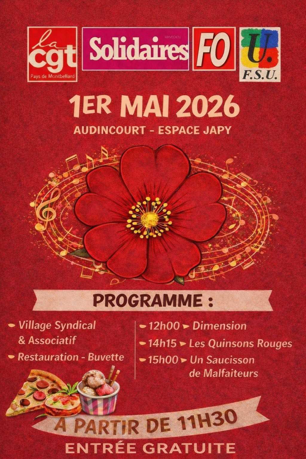 RDV le vendredi 1er mai à 10h place du marché pour la manifestation, puis dès 11h30 espace Japy, entrée libre, venez nombreux !!! (voir ci-dessous le programme détaillé)