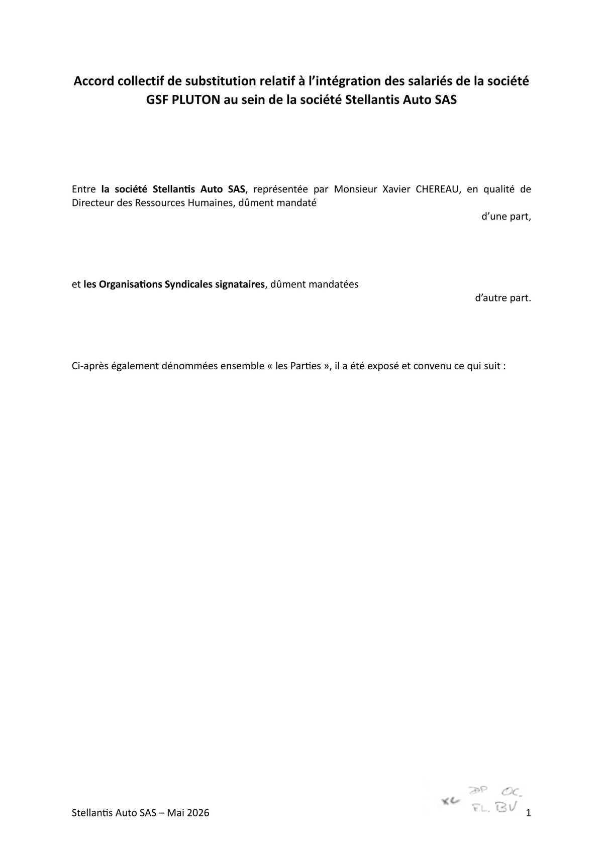 Accord collectif de substitution relatif à l'intégration de la société GSF PLUTON au sein de la société Stellantis Auto SAS