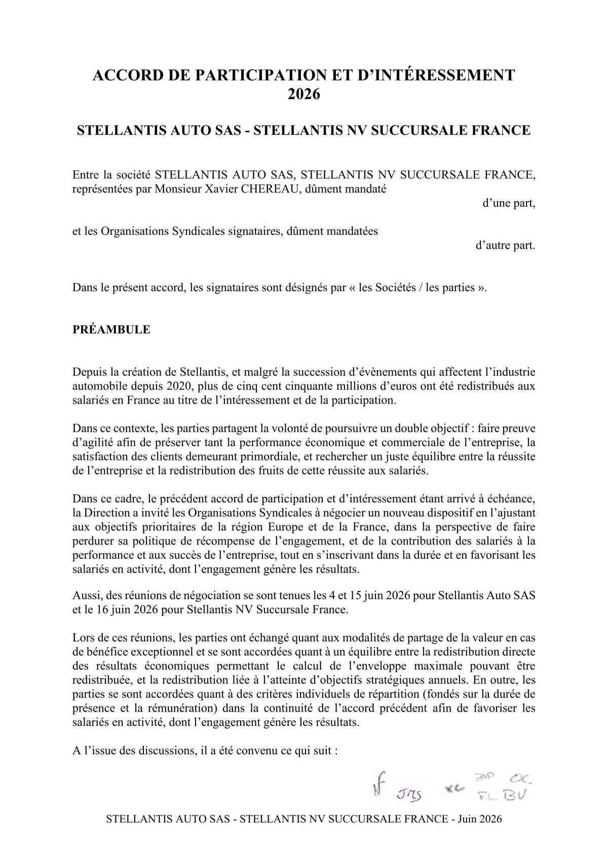 Accord de participation et d'intéressement 2026 Stellantis Auto SAS- Stellantis NV Succursale France 