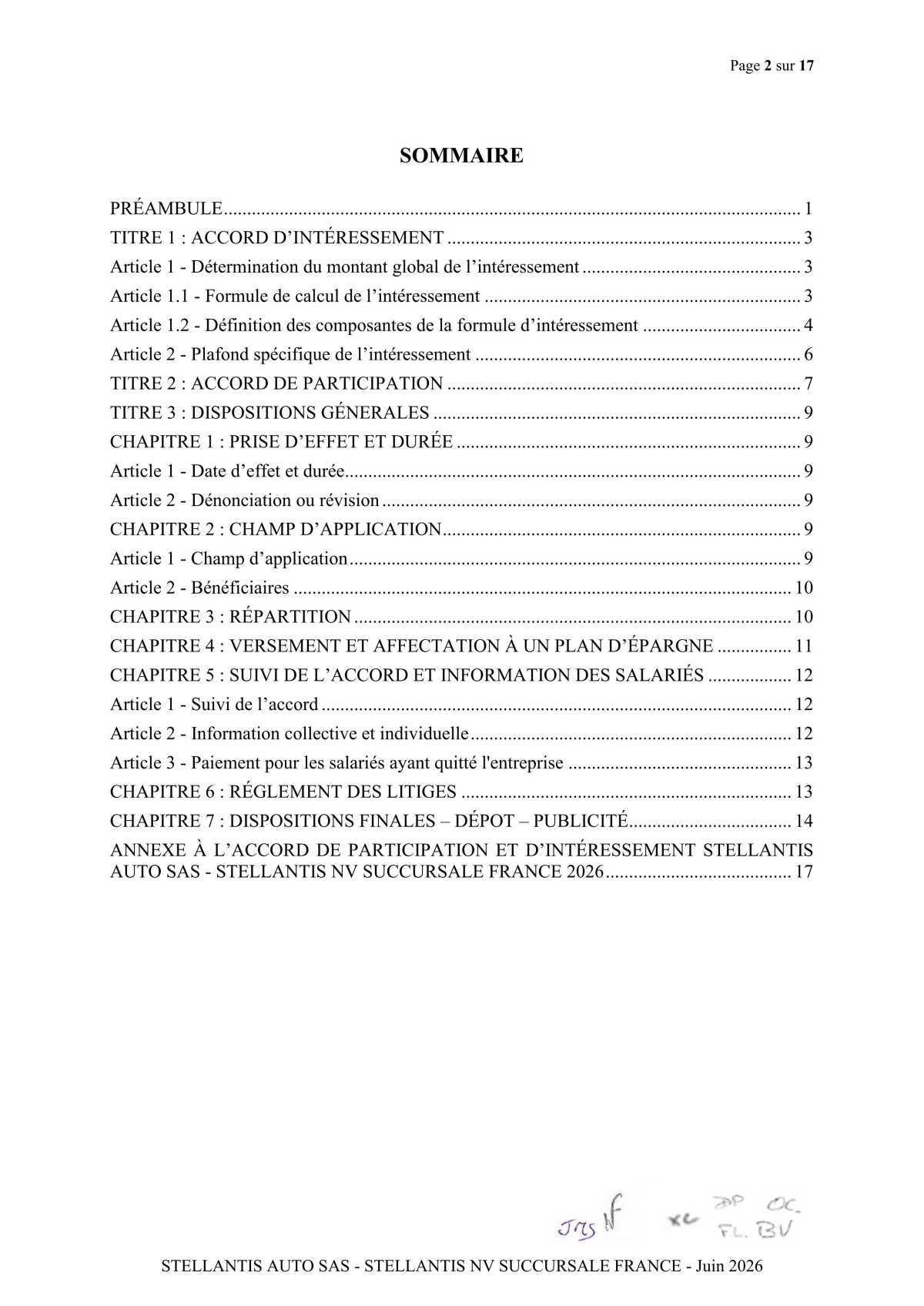 Accord de participation et d'intéressement 2026 Stellantis Auto SAS- Stellantis NV Succursale France 