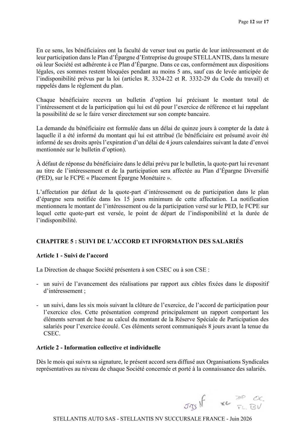 Accord de participation et d'intéressement 2026 Stellantis Auto SAS- Stellantis NV Succursale France 