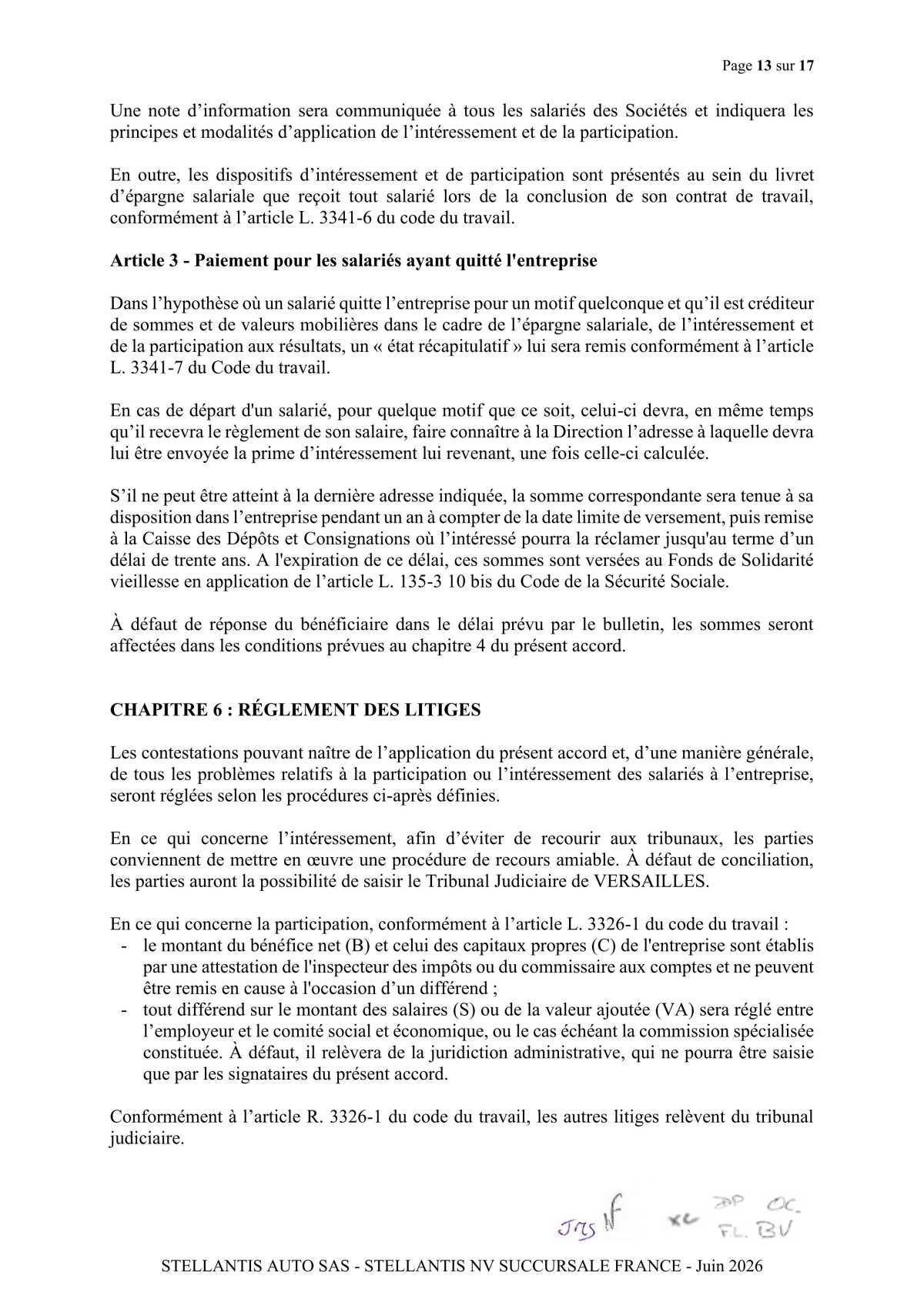 Accord de participation et d'intéressement 2026 Stellantis Auto SAS- Stellantis NV Succursale France 