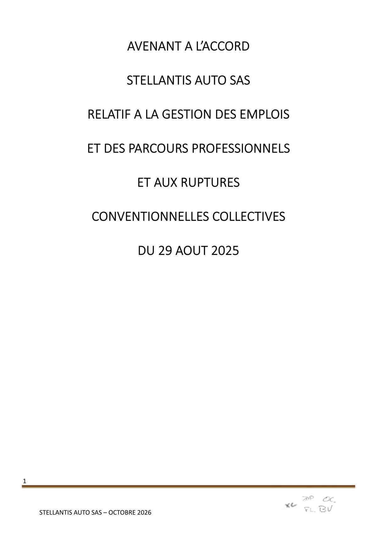 Avenant à l'accord Stellantis Auto SAS relatif à la gestion des emplois et des parcours professionnels et aux ruptures conventionnelles collectives du 29 août 2025